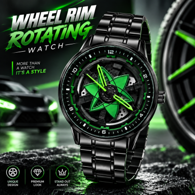 360° Rotating Car Wheel Rim Quartz Watch – Matte Black Metal Sports Wristwatch, 3D Alloy Rim & Brake Disc Dial, Stainless Steel Strap & Scratch-Resistant Glass for Men